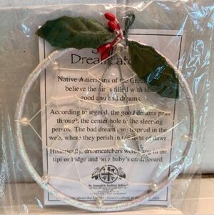 Holiday Dreamcatcher Ornament with Green Leaves and Red Berries